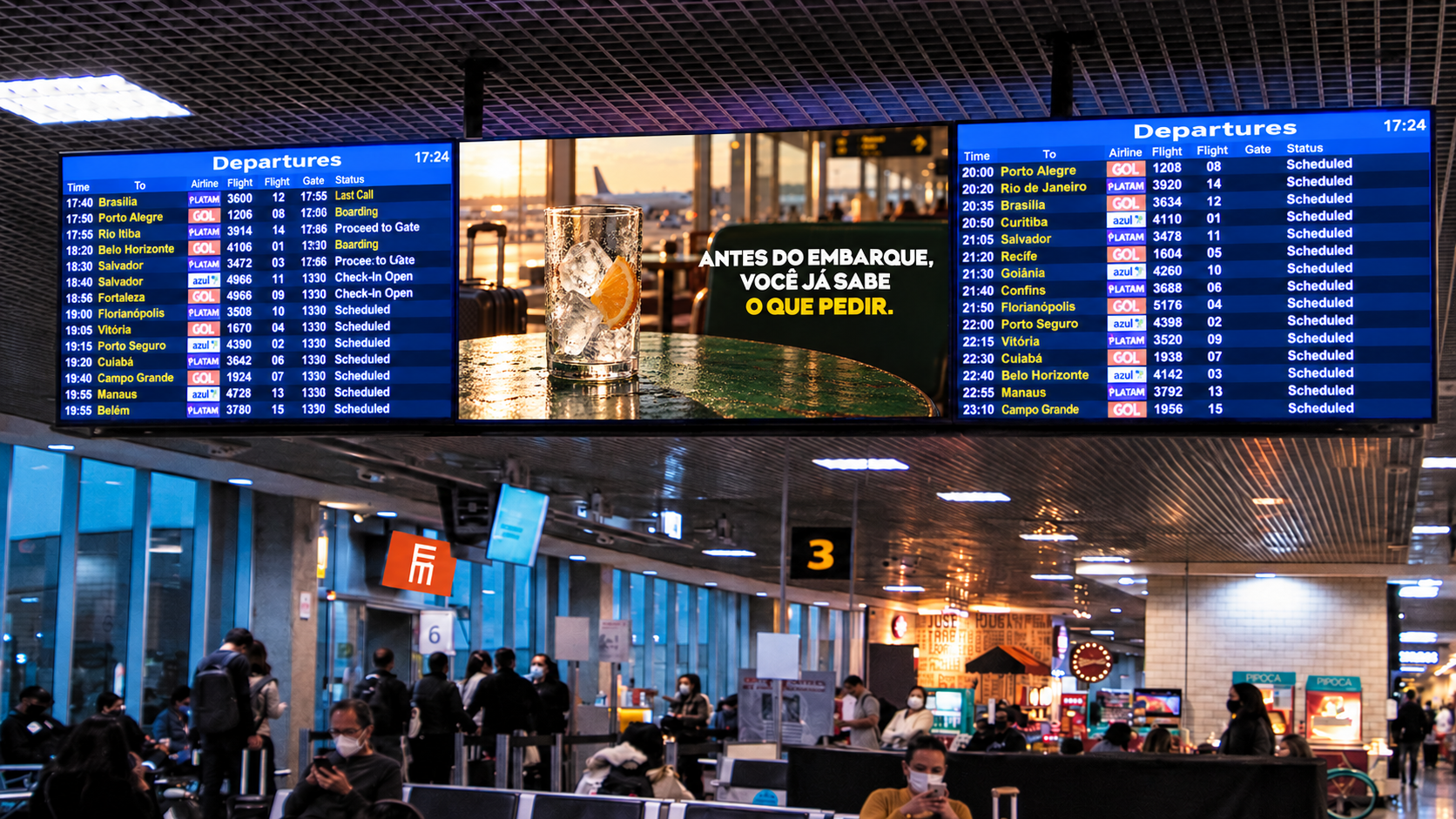 Estudo da peça de aeroporto em uma tela entre os monitores de partidas.