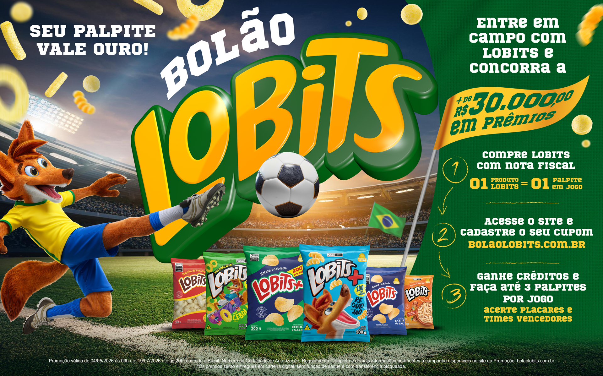 Key visual original Bolão Lobits: mascote, produtos, futebol e mecânica da promoção