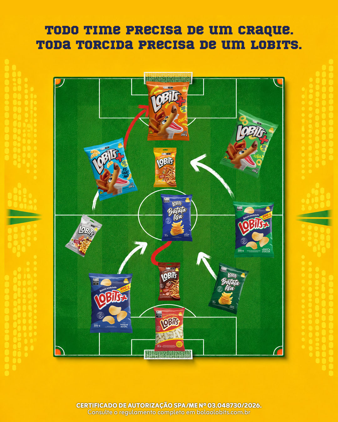 Campo com os produtos na formação do time: Todo time precisa de um craque. Toda torcida precisa de um Lobits.