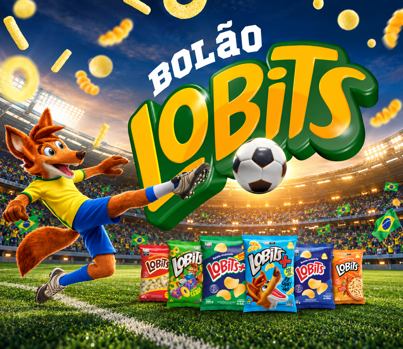 Capa Bolão Lobits: mascote, logo da campanha, bola e produtos no estádio