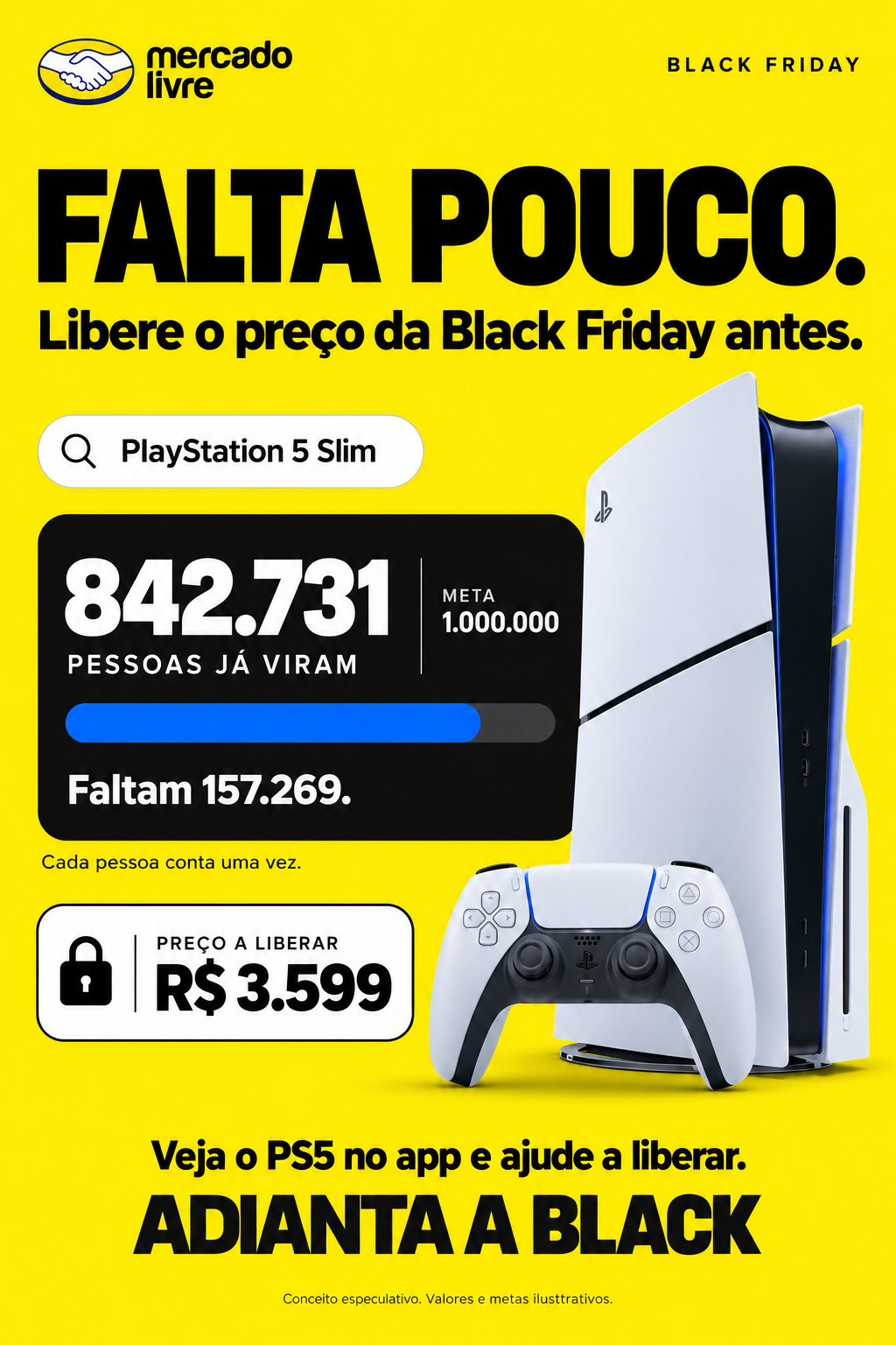 PS5 antes da meta: 842.731 pessoas, barra de progresso e preço a liberar.