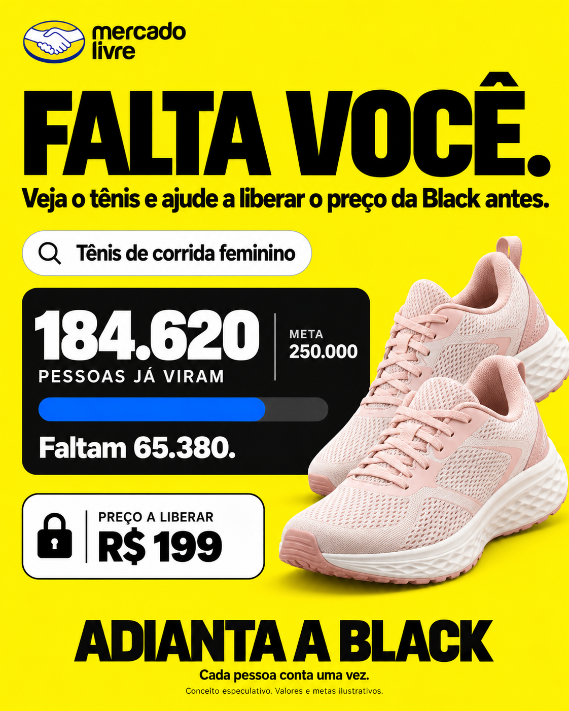 Peça de feed com tênis feminino e contador da oferta: Falta você.