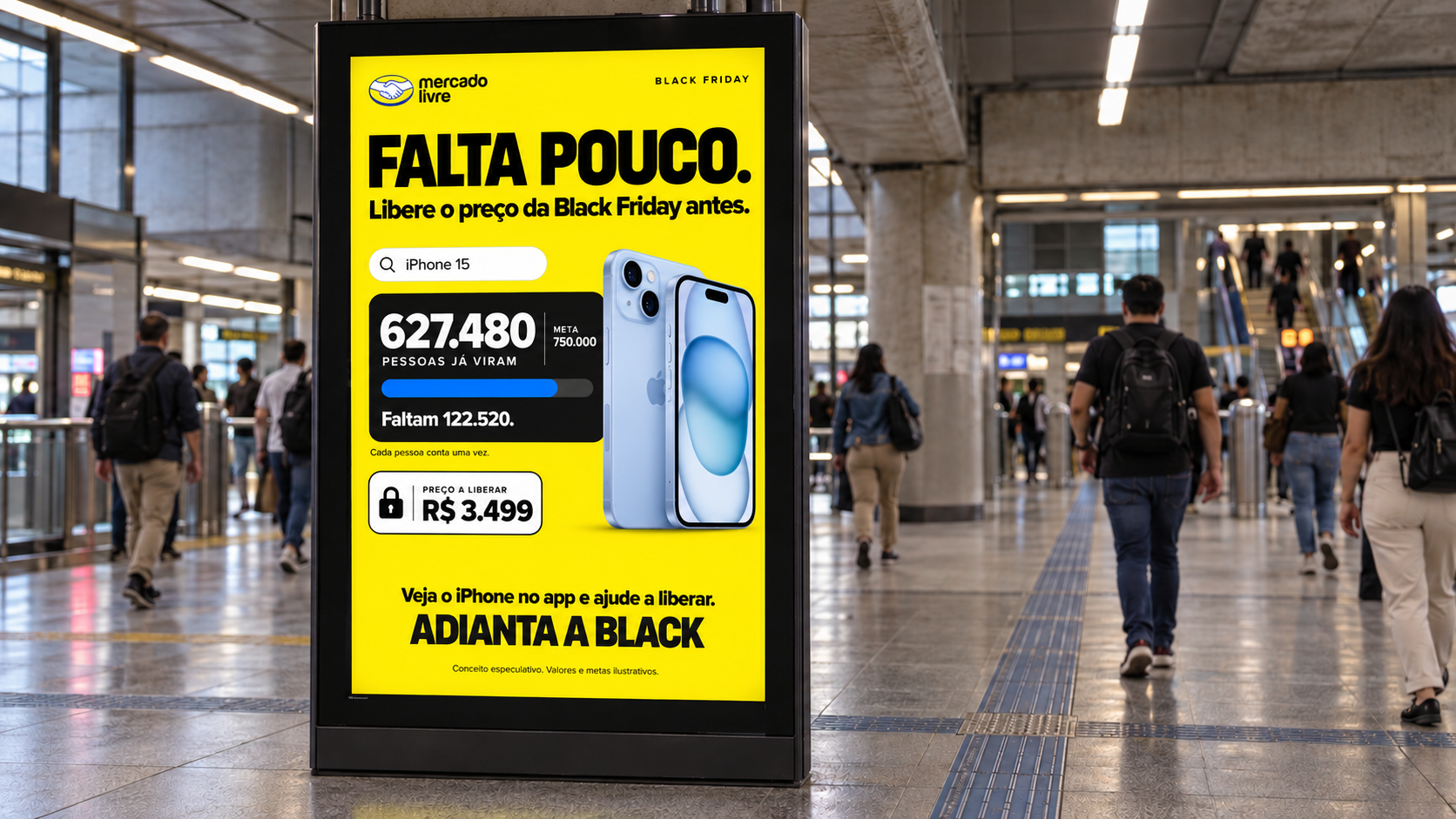 Mockup no metrô: iPhone, contador de pessoas e convite para antecipar a oferta da Black Friday.