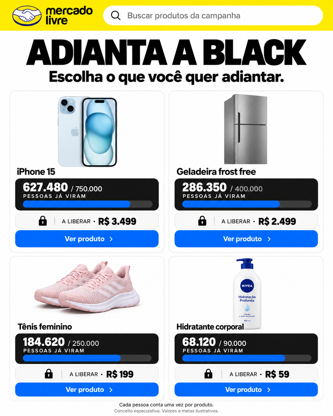 Proposta de seleção de produtos no app: iPhone, geladeira, tênis e hidratante, cada um com sua própria meta.