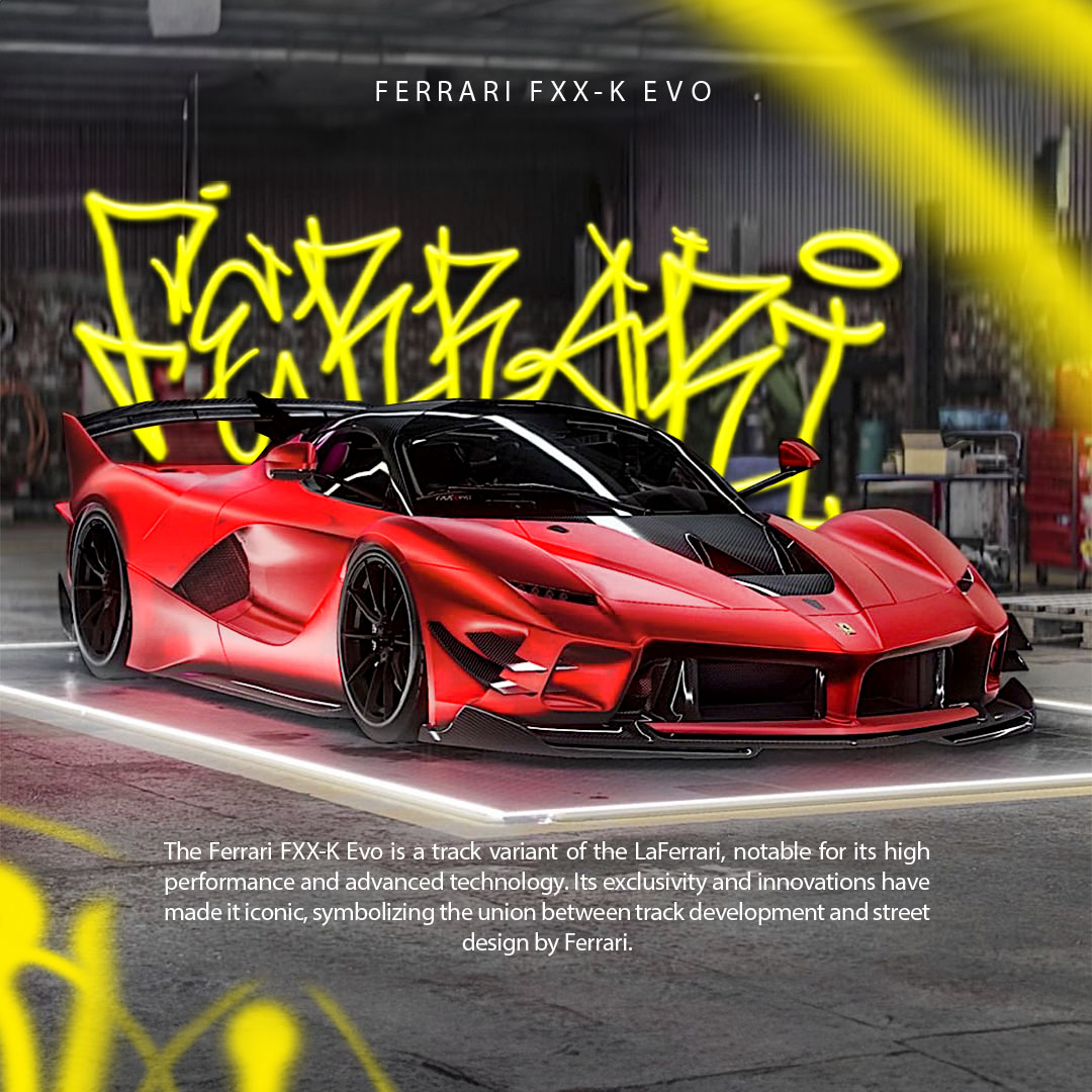 Estudo gráfico com Ferrari vermelha, lettering amarelo e grafismos sobre fotografia.
