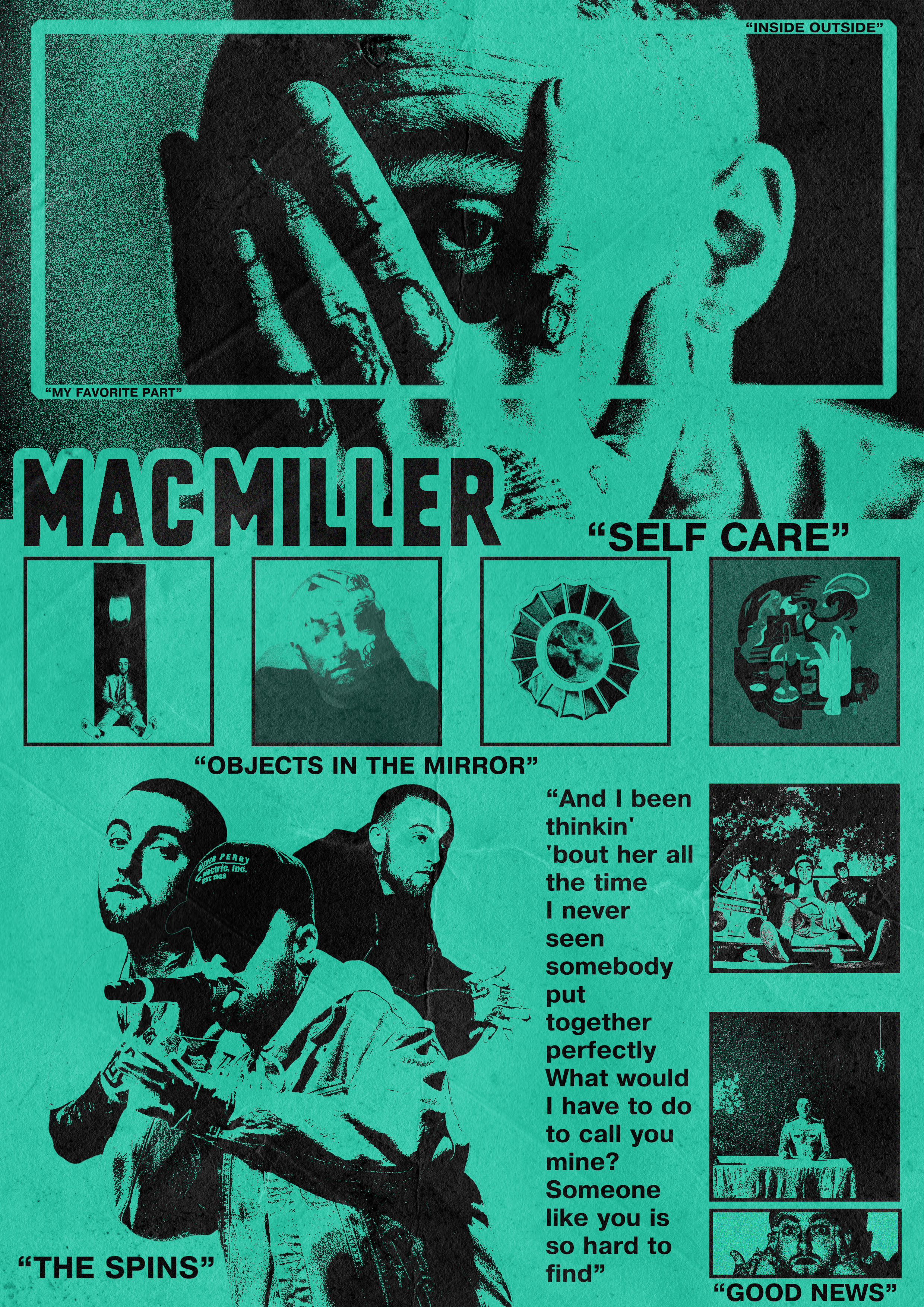 Pôster de Mac Miller com colagem de retratos, textura granulada, tipografia preta e verde turquesa.