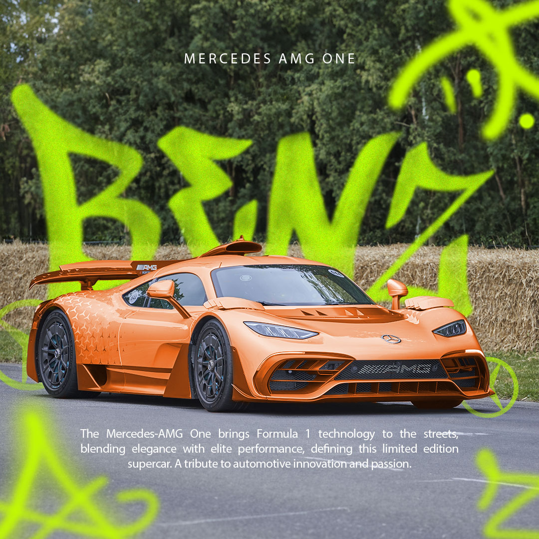 Estudo gráfico com Mercedes-AMG One laranja, lettering verde e grafismos sobre fotografia.