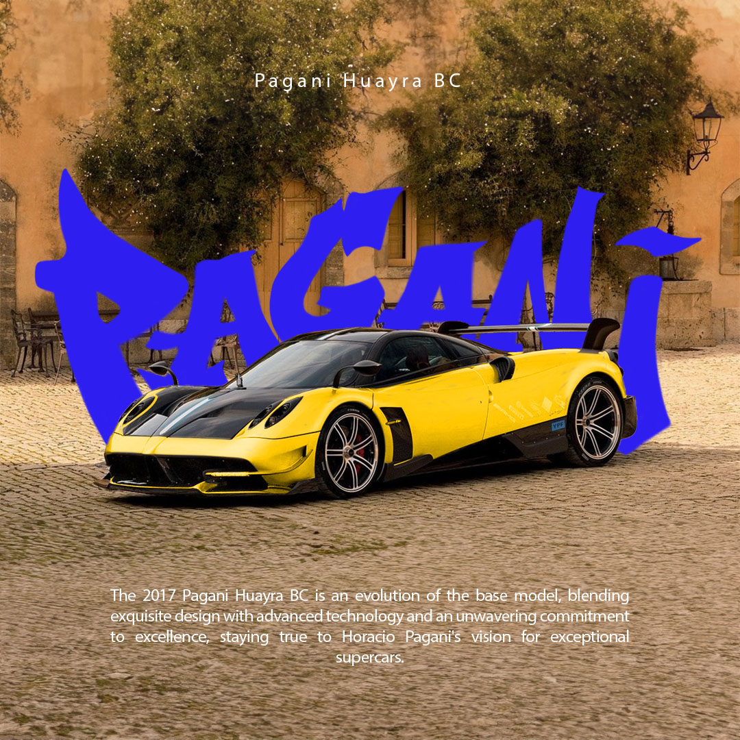 Estudo gráfico com Pagani Huayra BC amarelo e lettering azul sobre fotografia de uma praça.