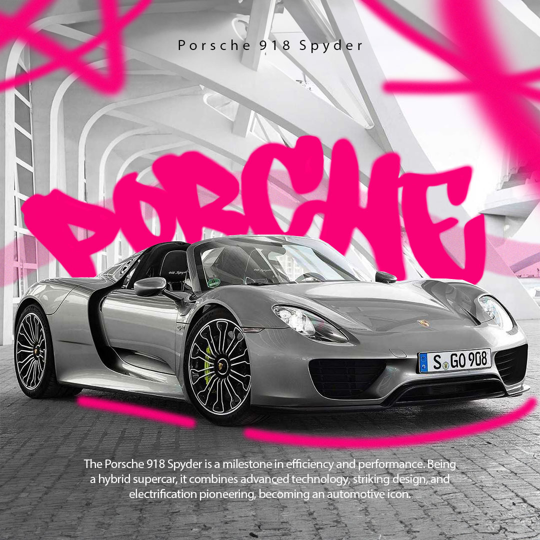 Estudo gráfico com Porsche 918 Spyder prata, fotografia em tons de cinza e lettering rosa.