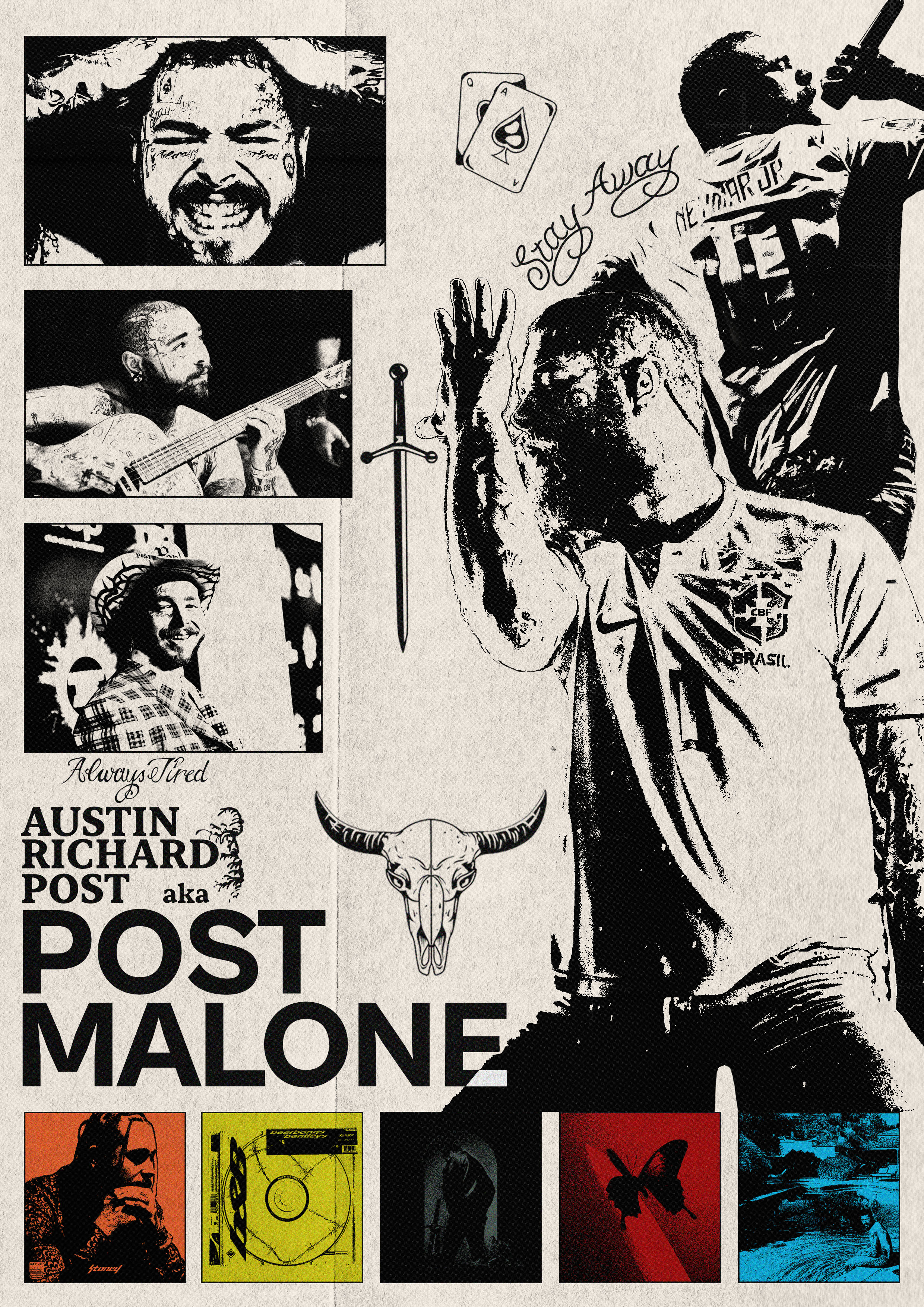 Pôster de Post Malone: colagem de retratos em preto e branco, textura de papel, tipografia e pequenos quadros coloridos.