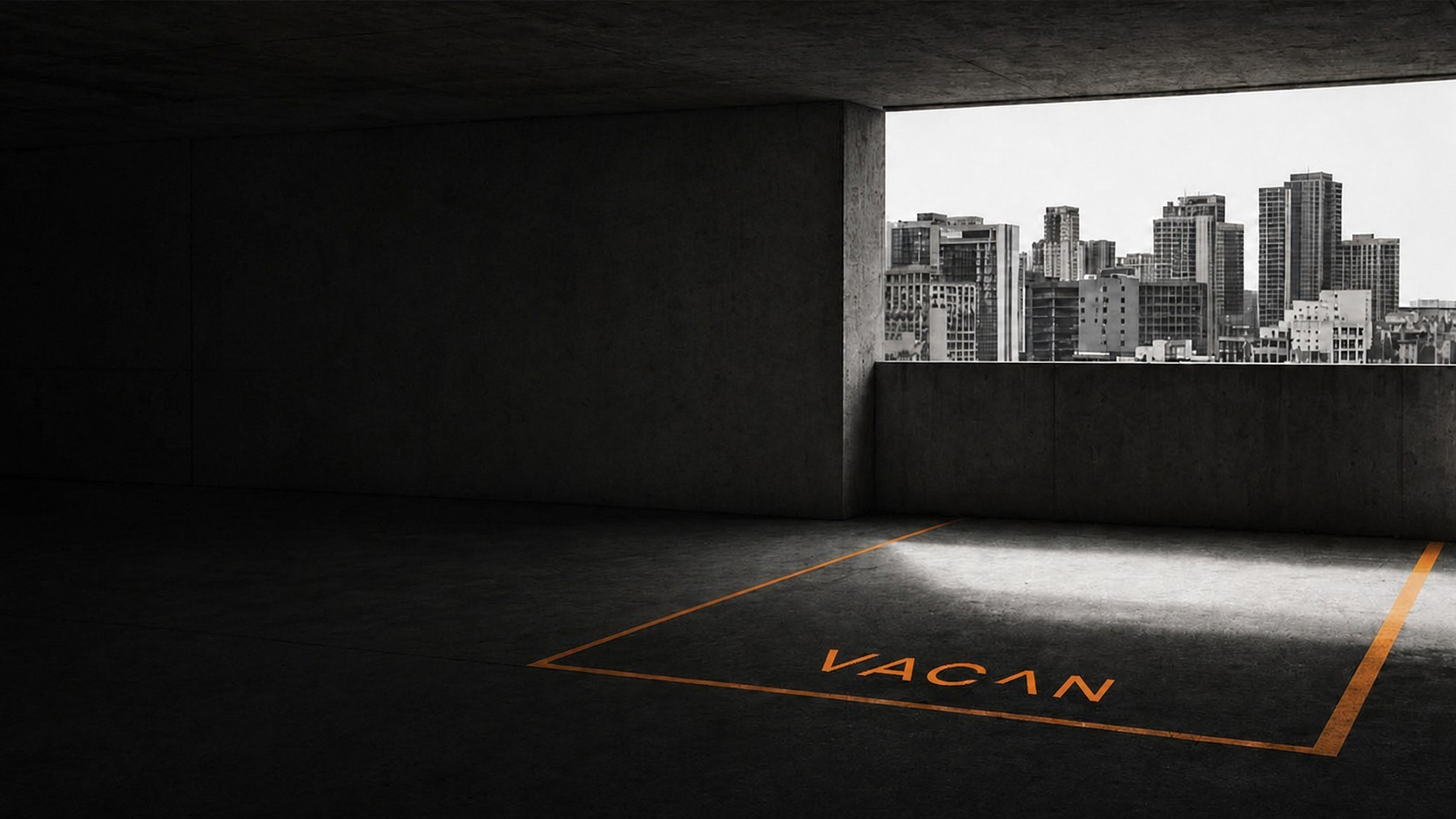 Atmosfera Vacan: concreto, luz urbana e uma vaga demarcada em laranja