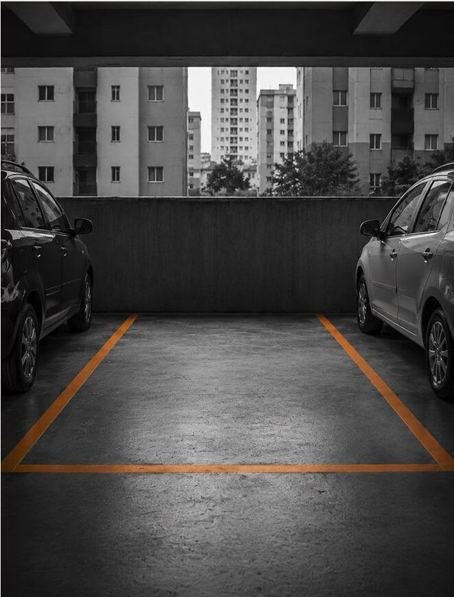 Garagem em preto e branco com demarcação laranja